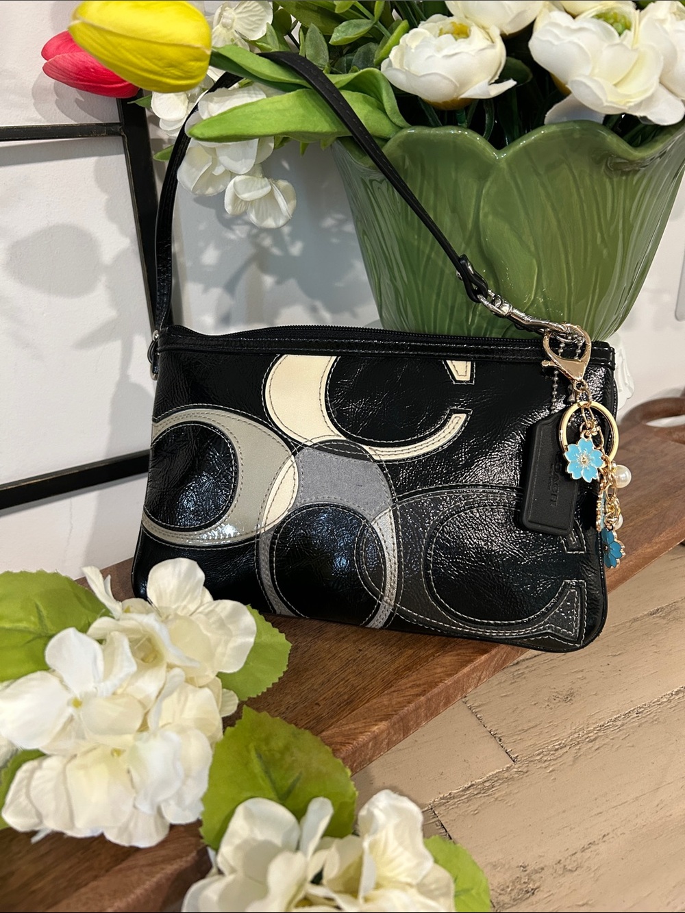 Coach Black Patent Leather Wristlet with Cream and Gray Signature Accents